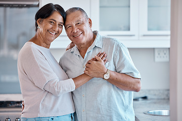 Image showing Old couple, love and hug in portrait, relax at home with partnership, care and retirement together. Trust, support and commitment in marriage and life partner, healthy relationship with happy people