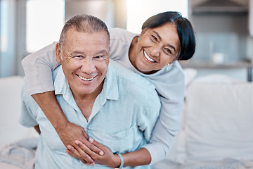 Image showing Love, retirement and portrait with an old couple in the living room of their home together to relax. Sofa, bonding or marriage with a senior man and woman relaxing in the lounge of their house