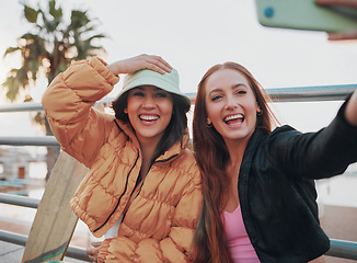 Image showing Selfie, happy and friends on a vacation in the city for summer fun and bonding in Australia. Happiness, smile and women taking a picture together outdoor in a town while on holiday or weekend trip.