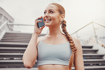 Image showing City, fitness and woman with smartphone on call, communication, smile and talking after exercise. Health, workout and personal trainer on phone, conversation and connect or network in sports training