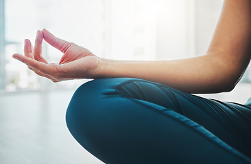 Image showing Closeup, hand and woman with meditation, yoga and peace for balance, wellness and healthy lifestyle. Zoom, female yogi and lady in position, pilates training and posture to relax, fitness and calm