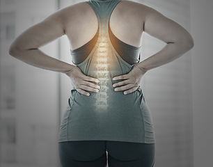 Image showing Fitness, spine problem and woman with back pain, muscle and joint ache from exercise, workout and training. Sports health, anatomy and skeleton x ray of girl for osteoporosis, injury and accident