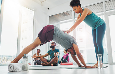 Image showing Yoga instructor, exercise and people in class for fitness, health and wellness together. Healthy people in a pilates studio for workout, performance training and stretching for body balance with help