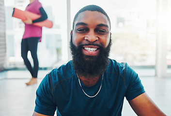 Image showing Smile, fitness and portrait of a black man at the gym for training, exercise and a cardio workout for health. Happy, motivation and African athlete with happiness after a club sport for a strong body