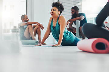 Image showing Black woman, happy yoga and exercise class for fitness, peace and wellness. Diversity group in health studio for holistic workout, mental health and balance with zen energy, pilates and stretching