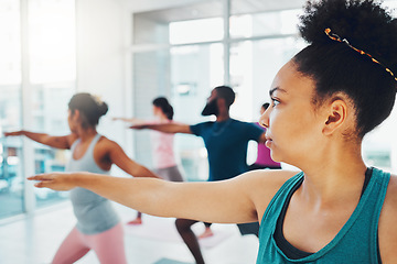 Image showing Yoga, exercise class and fitness people in warrior or stretching for health and wellness. Diversity men and women group together for workout, training or pilates for healthy lifestyle motivation