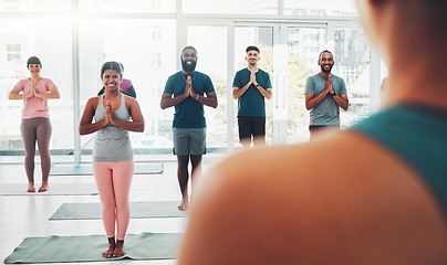 Image showing Yoga class, fitness and meditation with diversity people exercise for health and wellness. Men and women in health studio for holistic workout, mental health and body balance with zen prayer hands