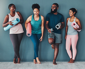 Image showing Fitness, diversity and portrait friends at the gym for training, laughing and happy for exercise at a club. Smile, sports and man with women in a group for a workout, cardio or yoga in a room