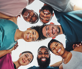Image showing Low angle, portrait and friends with smile, exercise or training together, bonding or collaboration for motivation. Face, team or group with happiness, practice or inspiration for goal or achievement