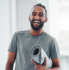 Image showing Yoga, fitness portrait and happy man for wellness, health and exercise goals, mission and inspiration. Pilates gear, sports and smile or laugh of Indian person for holistic workout or mediation class