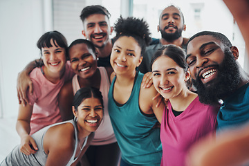 Image showing Fitness, gym and selfie of group of friends excited for workout, exercise goals and training together. Sports club, diversity and portrait of happy people smile for motivation, yoga and pilates class