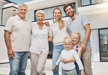 Image showing Big family, senior people and child backyard at luxury house, property or real estate in happy group portrait. Love, home and elderly parents, mother and father with kids for investment or retirement