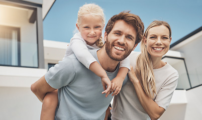 Image showing Portrait, father carrying girl and mother with smile, outdoor and playful together in summer. Face, dad piggy back daughter or mother with joy, happiness or quality time for weekend break or vacation