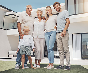 Image showing Senior family, parents and child backyard at luxury house, property or real estate in happy group portrait. Love, home and people or elderly grandmother, father with kids for investment or retirement