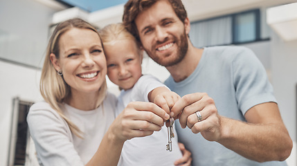 Image showing Portrait, family and keys for new home, happiness and excited for achievement, loving and real estate property. Face, mother and father with daughter, buying and moving into house and happy together