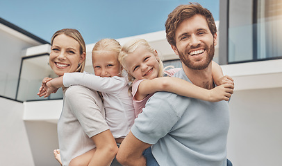 Image showing Happy family, piggyback and real estate in new home, vacation or holiday break together bonding outside. Portrait of mom, dad and children on back with smile for house, apartment building or property