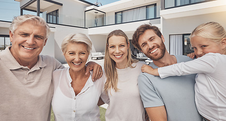 Image showing Senior family, parents and child on holiday, modern house and real estate happiness in group portrait. Love, hug and excited people or elderly grandmother, father and kid in backyard of luxury home