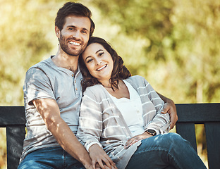 Image showing Love, happy and portrait of a couple in a park to relax, be calm and caring in Australia. Summer, freedom and carefree man and woman with affection, smile and happiness in nature for valentines day