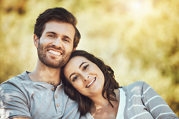 Image showing Love, care and portrait of a couple in a park to relax, be calm and happy in Australia. Summer, freedom and carefree man and woman with affection, smile and happiness in nature for a date together