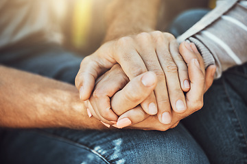 Image showing Couple, love and holding hands for support, trust and affection, romance and care. Valentines day, commitment and man and woman together for unity, union and empathy, romantic bonding or relationship