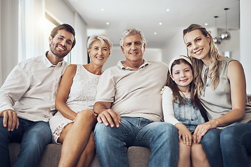 Image showing Big family, love and portrait on sofa in home living room, bonding and enjoying quality time together. Relax, care and happy grandparents, father and mother with girl, child or kid relaxing on couch.