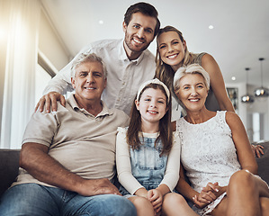 Image showing Big family, smile and portrait on sofa in home living room, bonding and enjoying quality time together. Love, care and happy grandparents, father and mother with girl, child or kid relaxing on couch.