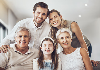 Image showing Smile, big family and portrait on sofa in home living room, bonding and enjoying quality time together. Love, care and happy grandparents, father and mother with girl, child or kid relaxing on couch.