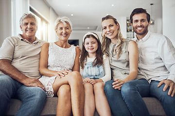 Image showing Portrait, generations and family on sofa, smile and relax on break, bonding together and in living room. Face, grandparents and mother with father, daughter and on couch for quality time or happiness