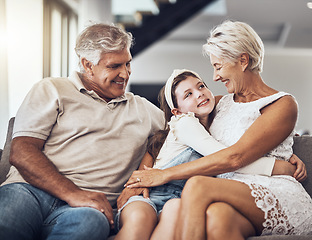 Image showing Relax, happy or grandparents hug a girl in living room bonding as a family in Australia with love care. Retirement, smile or elderly man relaxing old woman with child at home together on fun holiday