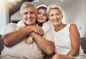 Image showing Portrait, happy family or grandparents hug a girl in living room bonding in Australia with love. Retirement, smile or elderly person relaxing with old woman and child at home together on fun holiday