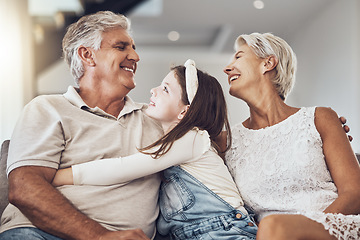 Image showing Relax, love or grandparents hug a girl in living room bonding as a happy family in Australia with care. Retirement, smile or elderly man relaxing old woman with child at home together on fun holiday