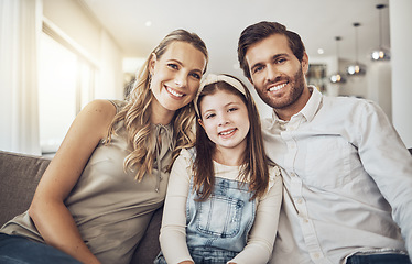 Image showing Portrait, mother or father with a girl as a happy family in living room bonding in Australia with love or care. Child, smile or parents relaxing with a smile enjoying quality time on a fun holiday