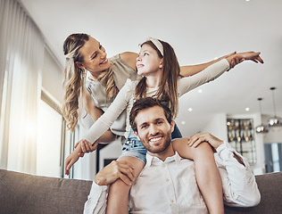 Image showing Happy family, bonding or airplane game in living room, house or relax home in freedom activity, energy or fun play games. Smile, parents or child in flying on father shoulders in fantasy or support
