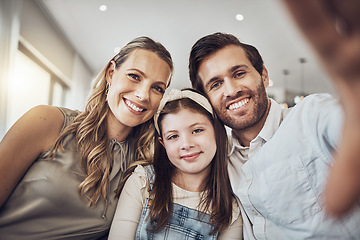 Image showing Portrait, mother or father with a girl take a selfie as a happy family in living room bonding in Australia. Child, smile or parents relaxing with a smile enjoying quality time taking lovely pictures