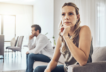 Image showing Angry, ignore and couple on sofa in fight, divorce or depression for marriage problem, stress and sad. Woman thinking with partner fail or people in living room with conflict, anger and frustrated