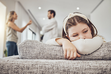 Image showing Sad little girl, sofa and parents in conflict, disagreement or fight in the living room at home. Family, divorce and husband in argument with wife and unhappy child on lounge couch in depression