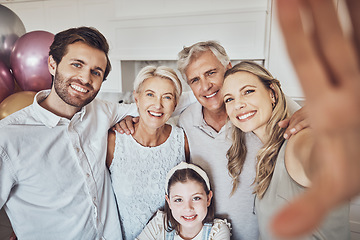 Image showing Birthday, party and family selfie in kitchen for happy memory, social media or profile picture. Love, portrait or girl, mother and father with grandparents taking pictures together to celebrate event