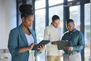 Image showing Tablet, research and business woman in the office planning a corporate project with the internet. Technology, career and professional African female employee with a mobile device in the workplace.