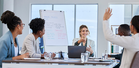 Image showing Questions, leadership or business people in a meeting or presentation asking faq or giving creative ideas. Team work, hands up or happy woman talking or speaking to employees in a group collaboration