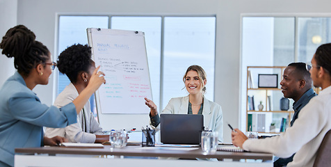 Image showing Faq, leadership or business people in a meeting or presentation asking questions or giving creative ideas. Team work, hands up or happy woman talking or speaking to employees in a group collaboration