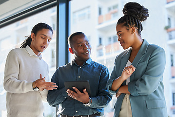 Image showing Planning, advice and business with a tablet for a discussion, website and strategy as a team. Email, teamwork and black man consulting with employees about a proposal online on technology for work