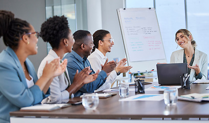 Image showing Winner, success or applause of business people in a meeting or presentation for sales goal or target. Support, achievement or happy woman in leadership with smile or pride for winning a contract deal