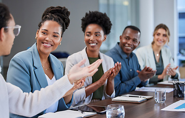 Image showing Presentation, success or applause of business people in a meeting for sales growth, goals or deal. Partnership, collaboration or happy black woman with smile or praise for a manager in leadership