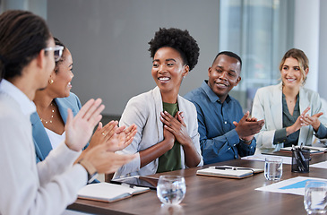 Image showing Black woman, success or applause of business people in a meeting for winner of sales target or goals. Support, thank you or happy African worker with pride or smile after job promotion or achievement