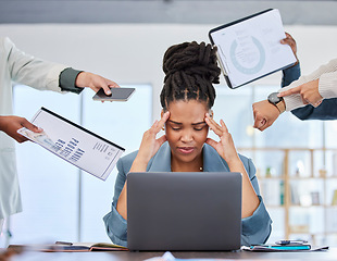 Image showing Headache, stress or black woman multitasking documents, portfolio or paperwork for deadlines with anxiety. Bad time management, office chaos or frustrated worker with fatigue, depression or burnout