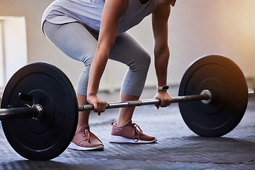 Image showing Woman bodybuilder, barbell deadlift and gym for wellness, fitness or exercise for strong body on floor. Weightlifting, muscle development or workout for health, challenge or performance for self care