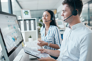 Image showing Call center, computer and team with document for customer service, crm and telemarketing in office. Man and woman consultant at pc while happy about sales, contact us and online support or advice