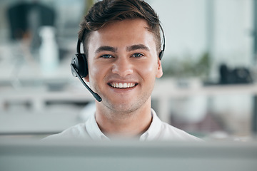 Image showing Call center, man and customer service consultant portrait with headphone for contact us or crm. Telemarketing, online support and sales person smile in office for communication with help desk headset