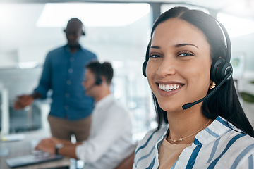 Image showing Black woman, portrait and call center worker with a smile on a crm sale call in a office. Networking, telemarketing and happy ecommerce employee working on contact us customer service consultation