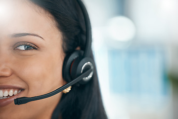 Image showing Face, call center and mockup with a black woman consulting working in customer service or support. Ecommerce, headset and space with a female consulting on the phone at work for telemarketing